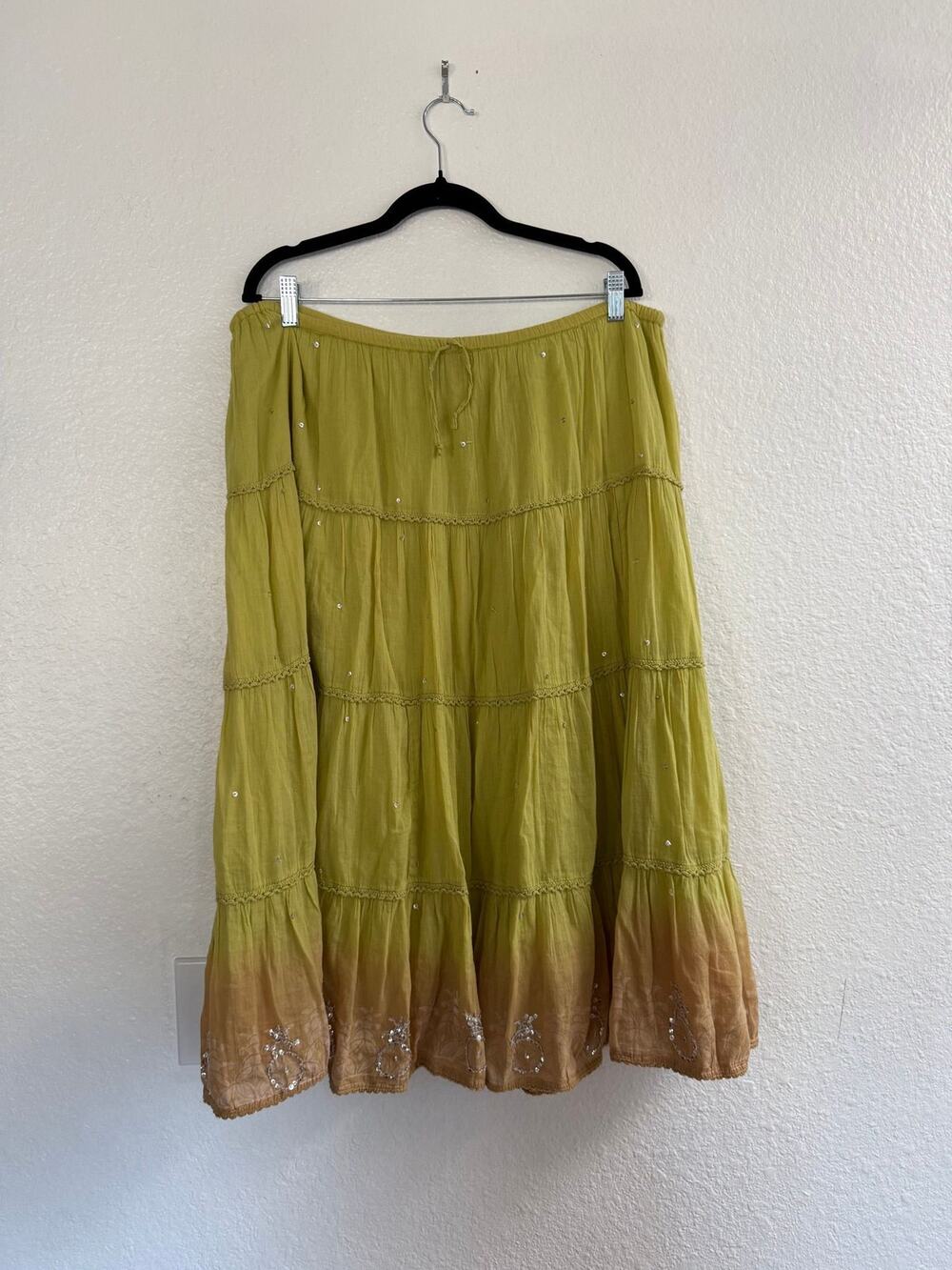Vintage Y2K Fairycore Tiered Maxi Skirt Green Sequin Boho